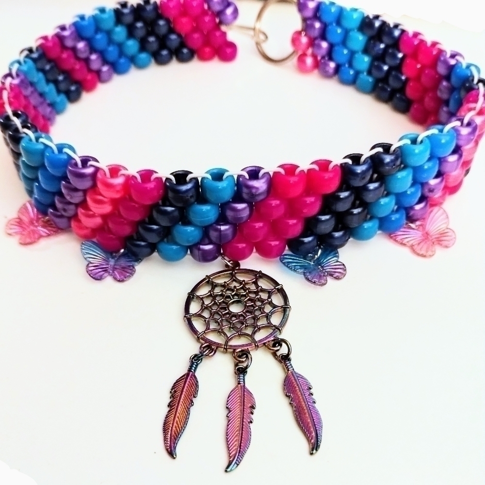 HANDMADE Iridescent Kandi Choker with Dreamcatcher and Butterfly Charms